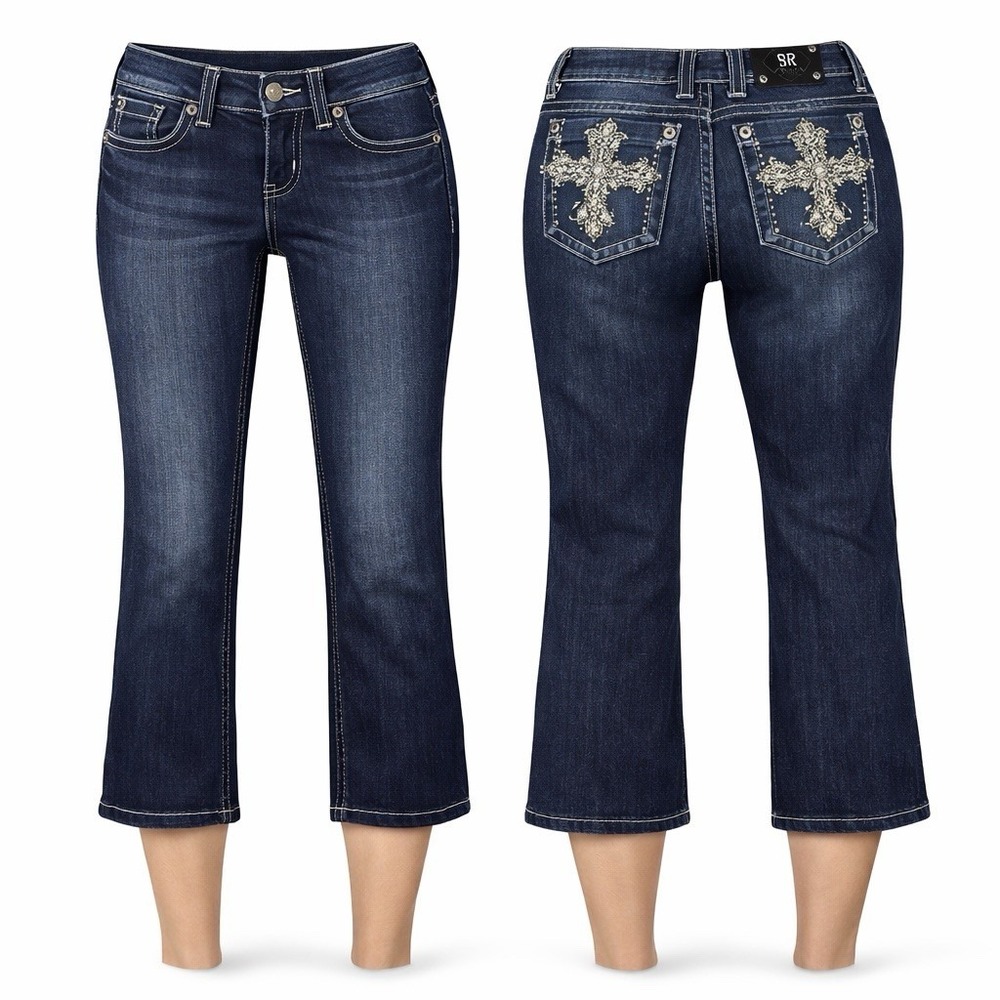 Miss Me CUFFED Jeans Embellished WOMENS 28 CROSS RHINESTONES DARK WASH